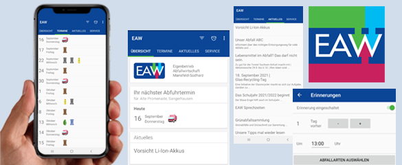 Bildcollage von Ansichten der EAW-Abfall-App
