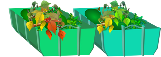 Grafik -  zwei offene, grüne Container für Grünabfälle als Symbol für die Annahme von Grün- und Gartenabfällen auf den EAW Wertstoffhöfen